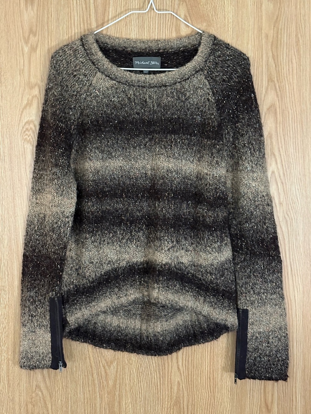 Michael Stars Brown Ombre Alpaca Blend Crewneck Sweater with Zip Cuffs